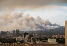 Toxic Haze Threatens World Cup Showdown City skyline with smoke clouds from a wildfire in the background