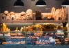 Bakery display with assorted breads and pastries