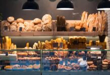 Bakery display with assorted breads and pastries