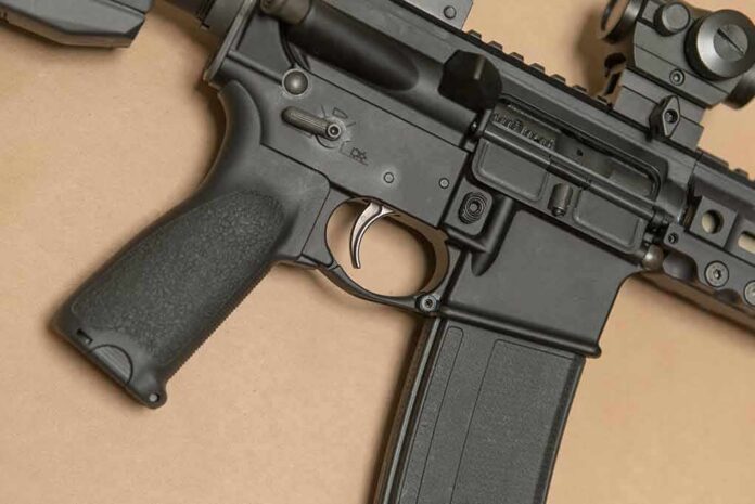 AR-style rifle close-up with grip, trigger, and magazine
