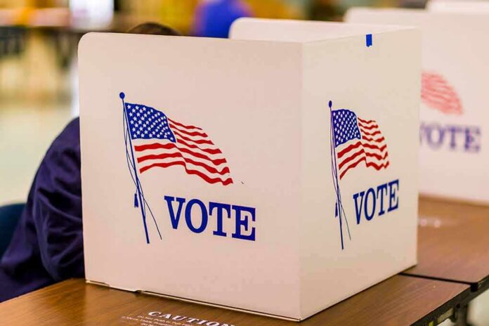 voting booth with American flag graphics