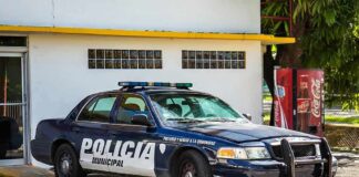 municipal police car parked by a building