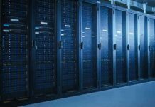 Row of server racks in a data center