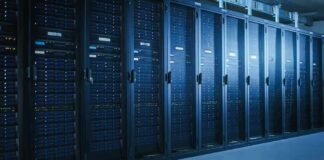 Row of server racks in a data center