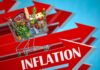 Paycheck Fragility Hits America Shopping cart full of groceries on red upward arrows labeled inflation