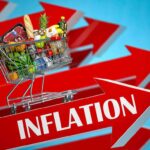 Paycheck Fragility Hits America Shopping cart full of groceries on red upward arrows labeled inflation