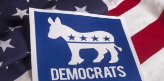Democrats donkey symbol on a blue sign over an American flag