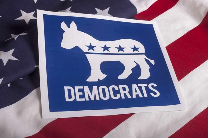 Democrats donkey symbol on a blue sign over an American flag