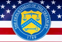 U.S. Department of the Treasury seal over American flag