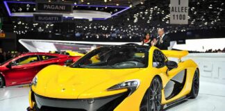 Yellow supercar on display at auto show