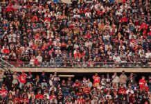 Peter Keys in a large stadium crowd of football fans