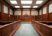 Mom’s Plea Sparks Legal Firestorm Empty courtroom with wooden benches and judge's bench