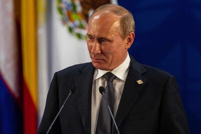 Vladimir Putin at a podium during a formal event