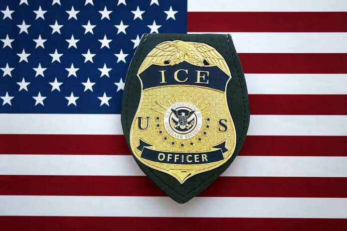 ICE officer badge on American flag background