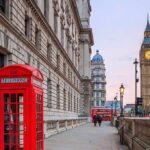 Red telephone box on a London street with clock tower in background