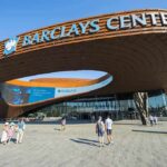 Barclays Center exterior with curved rust-colored facade