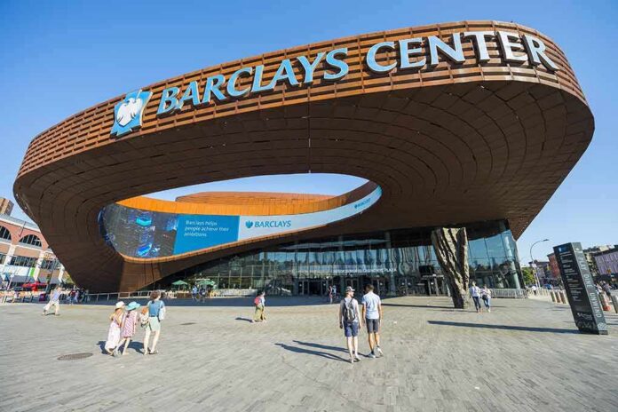 Barclays Center exterior with curved rust-colored facade