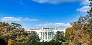 The White House with lawn and gardens under a blue sky