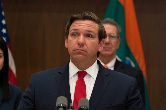 Ron DeSantis at a press conference podium in a suit and red tie