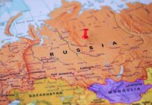 Map of Russia with a red pushpin in central Siberia