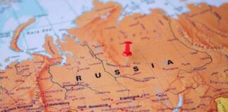 Map of Russia with a red pushpin in central Siberia