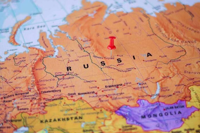 Map of Russia with a red pushpin in central Siberia