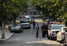 Knife Attack Shocks Busy Chicago Street Police officers secure a residential street with patrol cars and yellow tape