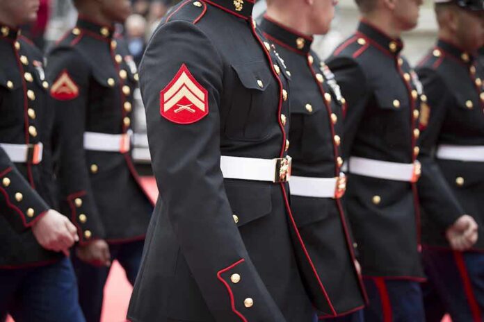 shutterstock_345830237-1- Marines in formal uniforms marching in a parade